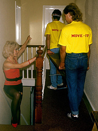 Find-Best-Panties.com presents: Horny housewife seduces two removal guys into a threesome