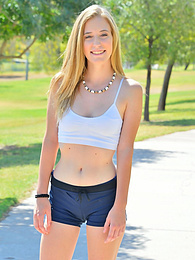 Find-Best-Panties.com presents: Sporty blonde babe Dakota strips her clothes and flaunts her hot body outdoors