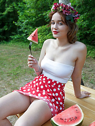 Find-Best-Panties.com presents: Nice belarusian stunner Rokki removes all clothes on a blanket in a backyard